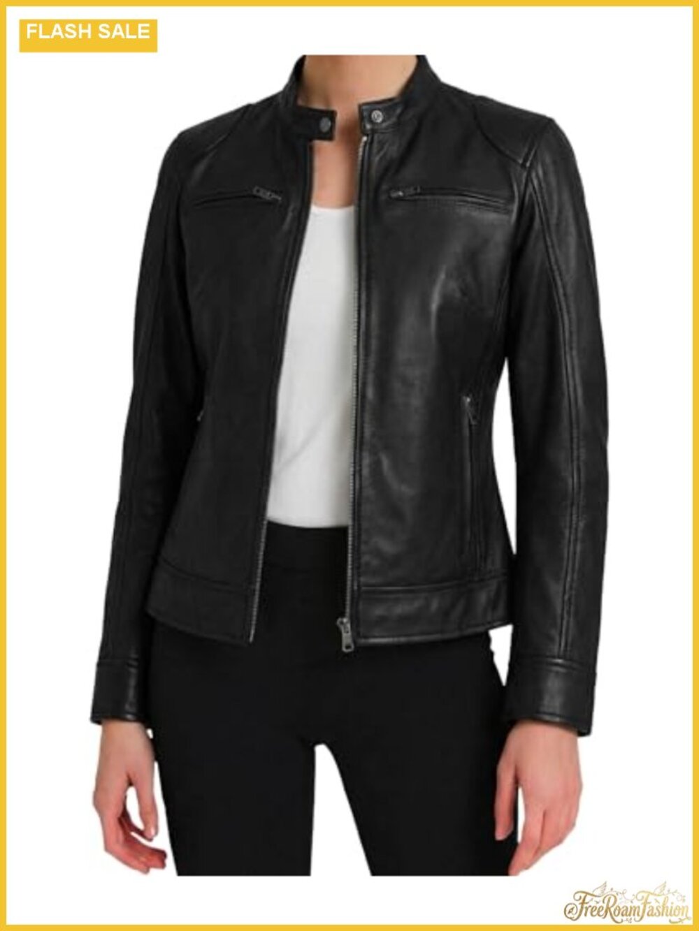 Real Lambskin Leather Jacket Cafe Racer Moto Zip Front Women's